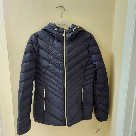 NEW WITH TAGS MICHAEL KORS QUILTED & PUFFER DARK NAVY HOODED DOWN JACKET SIZE S - Picture 1 of 8